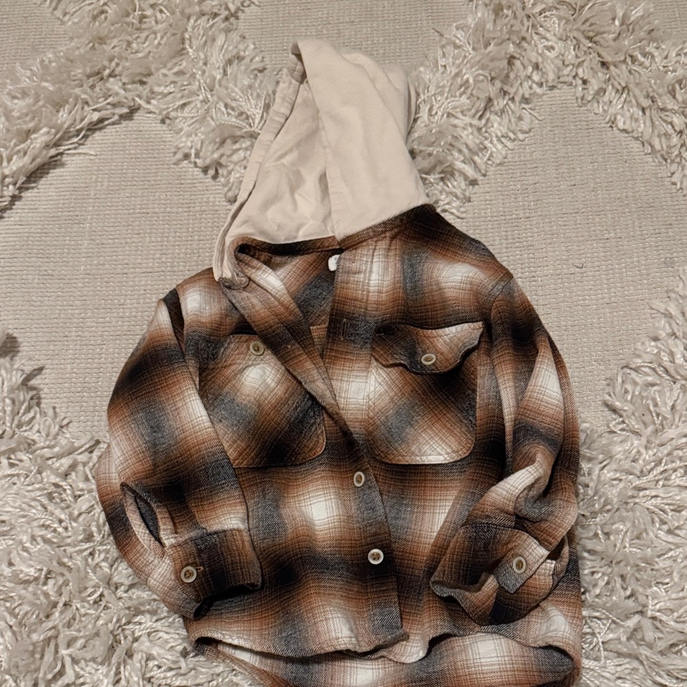 Zara Brown Plaid Kids Jacket with Cream Hood